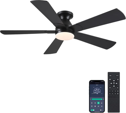 Black Ceiling Fans with Lights - 52In Flush Mount Ceiling Fan Light with Remote, 3CCT Dimmable and 6 Wind Speeds, Modern Low Profile Fan Light for Indoor Bedroom, Covered Outdoor