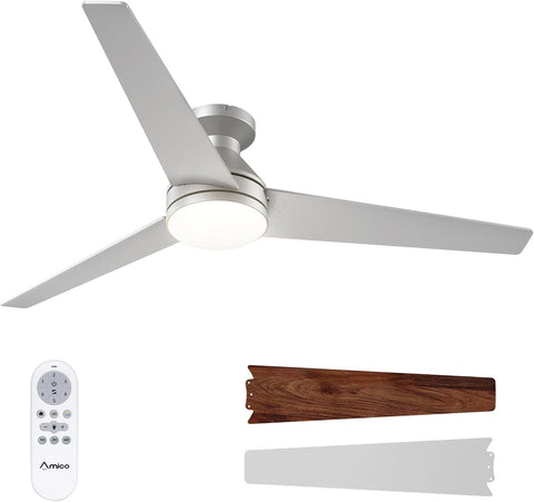 Ceiling Fans with Lights, 52 inch Low Profile Ceiling Fan with Light and Remote Control, Flush Mount, Reversible, 3CCT, Dimmable, Noiseless, Silver Ceiling Fan for Bedroom, Indoor/Outdoor Use