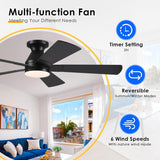 Black Ceiling Fans with Lights - 52In Flush Mount Ceiling Fan Light with Remote, 3CCT Dimmable and 6 Wind Speeds, Modern Low Profile Fan Light for Indoor Bedroom, Covered Outdoor