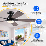 Flush Mount Ceiling Fan with Lights - 52Ó Indoor/Outdoor Ceiling Fan Light with Remote/APP, Low Profile Modern Fan Light with 6 Speeds, Dimming, for Living Room, Brown