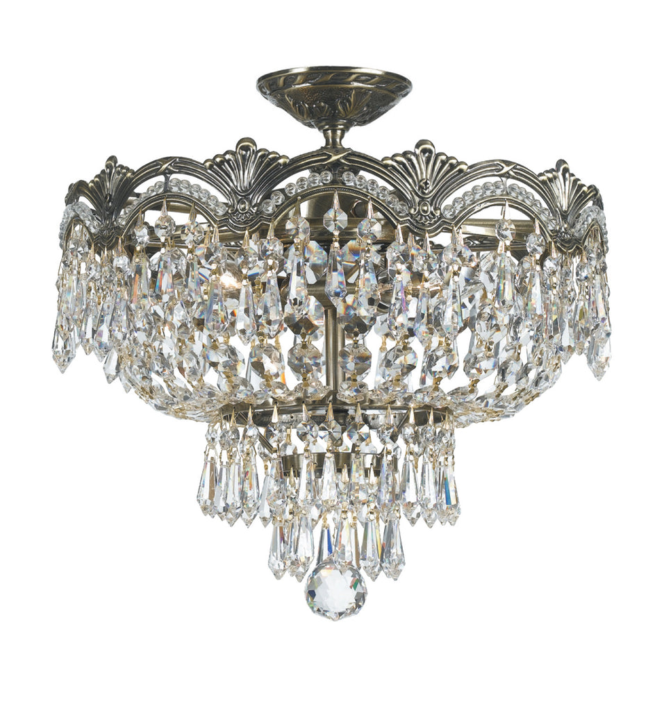3 Light Historic Brass Crystal Ceiling Mount Draped In Clear Italian Crystal - C193-1483-HB-CL-I