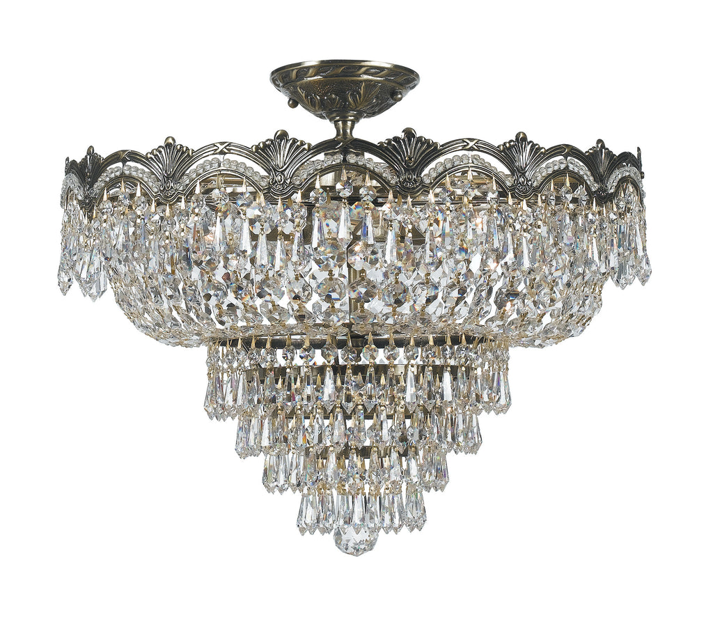 5 Light Historic Brass Crystal Ceiling Mount Draped In Clear Hand Cut Crystal - C193-1485-HB-CL-MWP