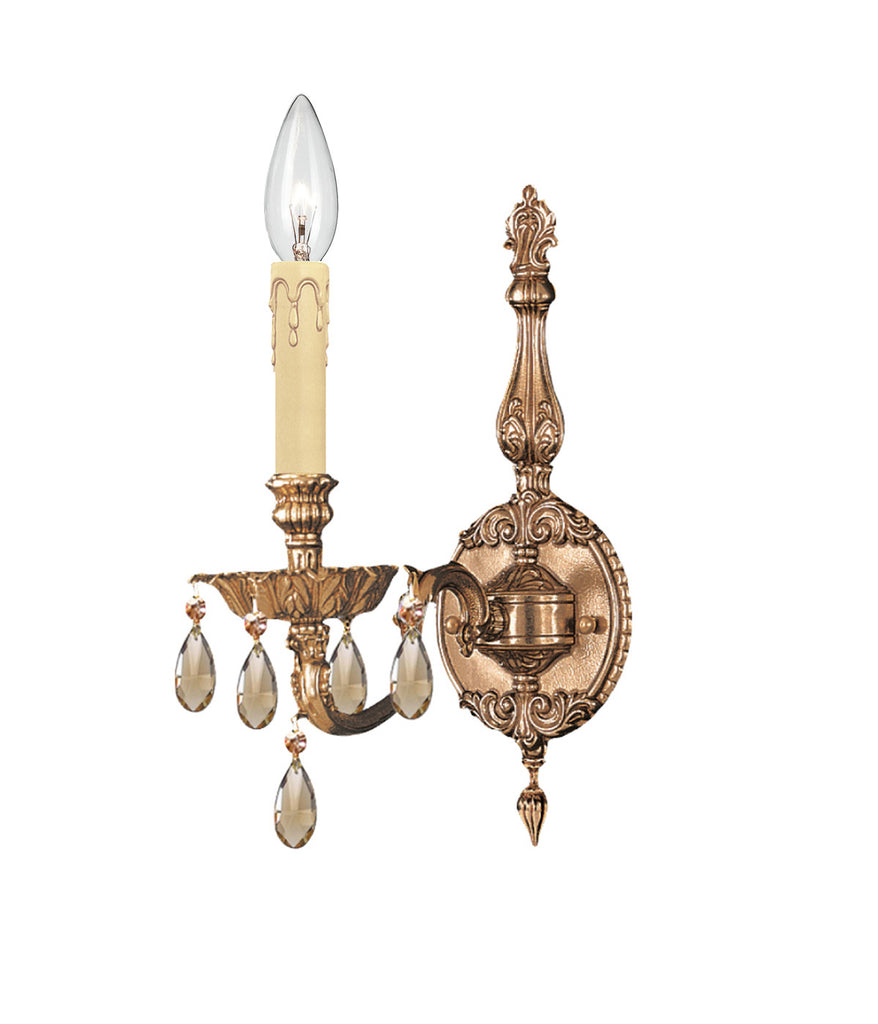 1 Light Olde Brass Traditional Sconce Draped In Golden Teak Hand Cut Crystal - C193-2501-OB-GT-MWP