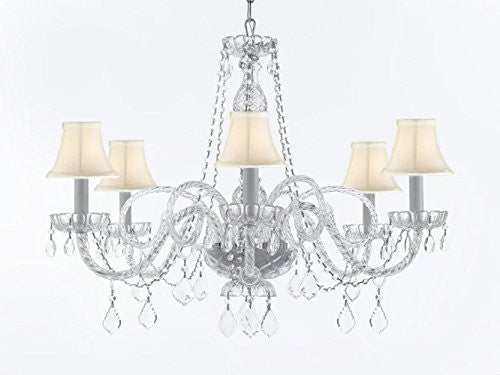 Crystal Chandelier Lighting With White Shades H27" X W32" - G46-Sc/Whiteshades/B67/385/6