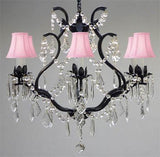 Swarovski Crystal Trimmed Chandelier Wrought Iron Crystal Chandelier Lighting H 19" W 20" - With Pink Shades - A83-Pinkshades/3530/6 Sw
