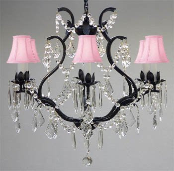 Wrought Iron Crystal Chandelier Lighting H 19" W 20" - With Pink Shades - A83-Pinkshades/3530/6
