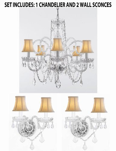 Three Piece Lighting Set - Crystal Chandelier And 2 Wall Sconces With White Shades - 1Ea Sc/385/5 + 2Ea Sc/B12/2/386