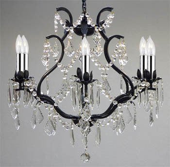Wrought Iron Empress Crystal (tm) Chandelier Lighting with Chrome Sleeves H19" W20" Swag Plug In-chandelier w/ 14' Feet of Hanging Chain and Wire - A83-B16/B43/3530/6