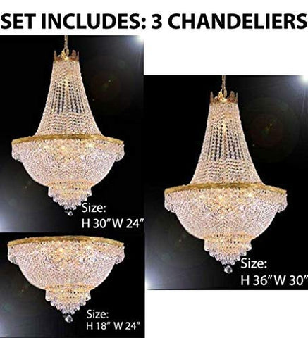 Set of 3-1 French Empire Crystal Chandelier Lighting H36 X W30 & 1 French Empire Crystal Chandelier Lighting H30 X W24 and French Empire Crystal Semi Flush Chandelier Chandeliers Lighting H18 X W24 - 1EA 870/14 + 1EA 870/9 + 1EA FLUSH/870/9 A500-