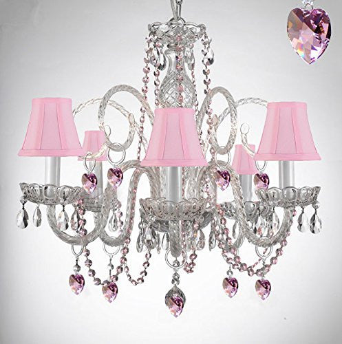 Empress Crystal (Tm) Chandelier Lighting With Pink Color Crystal And Pink Shades - A46-B41/Sc/385/5-Pink Shades