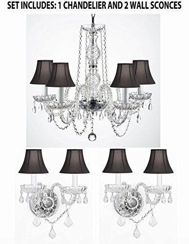Three Piece Lighting Set - New Authentic All Crystal Murano Venetian Style Empress Crystal Chandelier And 2 Wall Sconces With Black Shades - 1Ea 384/5 + 2Ea 2/386Blackshades