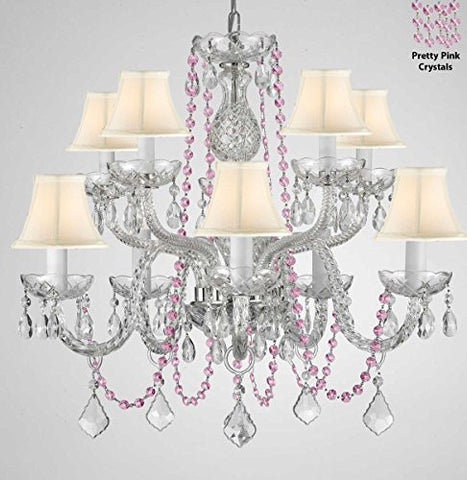 Authentic All Crystal Chandelier Chandeliers Lighting With Pretty Pink Crystals And White Shades Perfect For Living Room Dining Room Kitchen Kid'S Bedroom H25" W24" - G46-B84/Cs/Whiteshades/1122/5+5