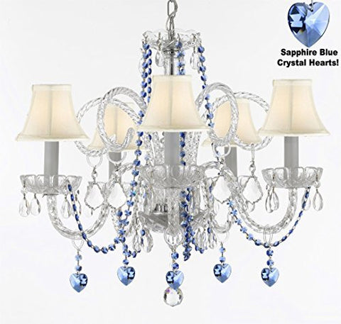 Authentic All Crystal Chandelier Chandeliers Lighting With Sapphire Blue Crystal Hearts And White Shades Perfect For Living Room Dining Room Kitchen Kid'S Bedroom H25" W24" - A46-B85/B82/Sc/Whiteshades/385/5