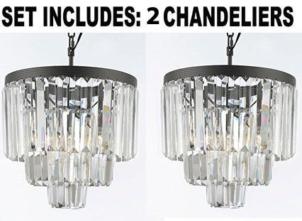 Set Of 2 Chandeliers - Palladium Empress Crystal (Tm) Glass Fringe 3-Tier Chandelier Lighting Mini Pendant H15" W12"- J10-26043/3-Set Of 2