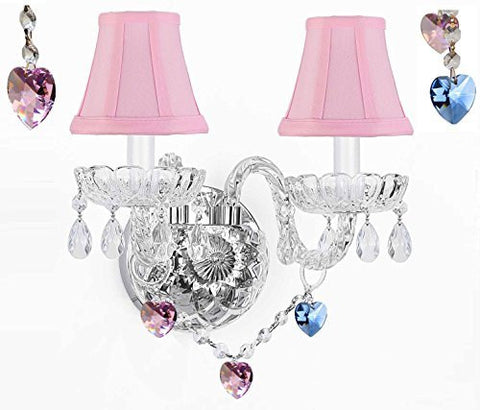 Swarovski Crystal Trimmed Wall Sconce Lighting With Crystal Blue And Pink Hearts - Perfect For Kids And Girls Bedrooms With Shades - G46-Pinkshades/B85/B21/2/386 Sw