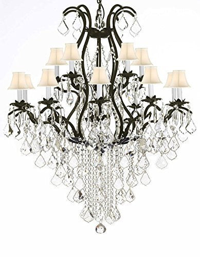 Wrought Iron Chandelier Crystal Chandeliers Lighting Empress Crystal (Tm) H50" X W36" With White Shades Great For Dining Room Entryway / Foyer Or Living Room - A83-Sc/Whiteshade/B12/3034/10+5