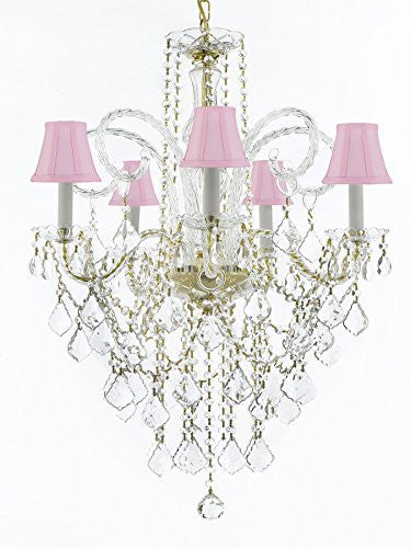 Murano Venetian Style All-Crystal Chandelier Lighting With Pink Shades H30" X W24" - G46-Sc/Pinkshade/Cg/3/385/5