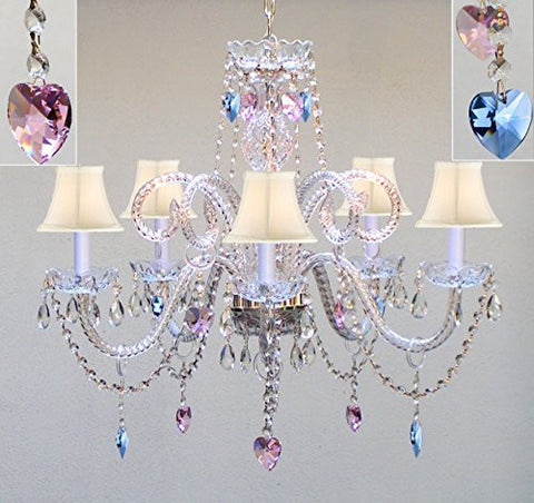 Authentic All Crystal Chandelier Chandeliers Lighting With Sapphire Blue & Pink Crystal Hearts & White Shades Perfect For Living Room Dining Room Kitchen Kid'S Bedroom H25" W24" - A46-B85/B21/Whiteshades/387/5