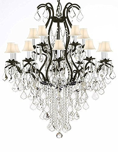 Swarovski Wrought Iron Chandelier Crystal Chandeliers Lighting Crystal H50" X W36" With White Shades! Great for Dining room, Entryway / Foyer, or Living room! - A83-SC/WHITESHADE/B12/3034/10+5SW