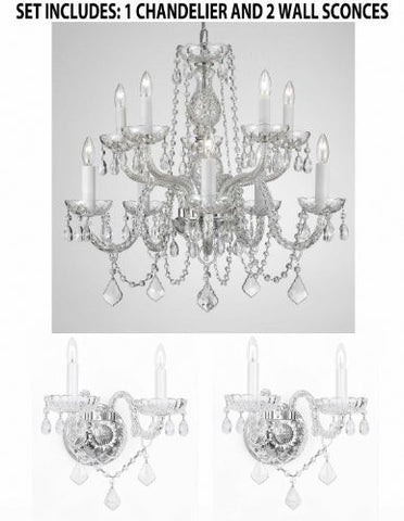 Set Of 3 - 1 Crystal Lighting Chandeliers H25" X W24" And 2 Murano Venetian Style Crystal Wall Sconce Lighting - 1Ea 1122/5+5 + 2Ea B12/2/386