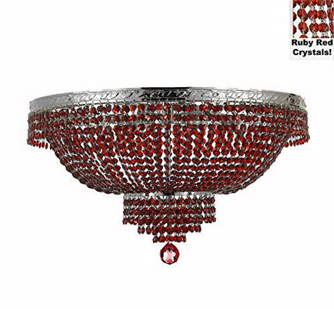 French Empire Semi Flush Crystal Chandelier Lighting - Dressed With Red Beads Color Crystals H21" X W30" - F93-B81/Flush/Cs/870/14