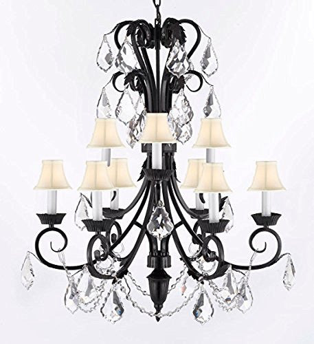 Foyer / Entryway Wrought Iron Empress Crystal (Tm) Chandelier 30" Inches Tall With Crystal And White Shades H 30" X W 26" - A84-Whiteshades/B12/724/6+3