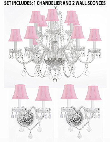 Three Piece Lighting Set - Crystal Chandelier H27" X W32" And 2 Wall Sconces With Pink Shades - 1Ea Pnkshd/385/6+6 +2Ea Pnkshd/B12/2/386