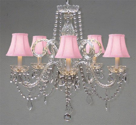 Crystal Chandelier Lighting With Pink Shades H 25" X W 24" - A46-Pinkshades/385/5