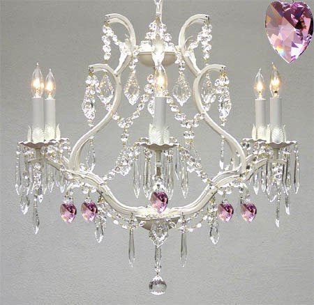 Wrought Iron & Crystal Chandelier Authentic Empress Crystal(Tm) Chandelier With Pink Hearts Nursery Kids Girls Bedrooms Kitchen Etc. - A83-White/B21/3530/6