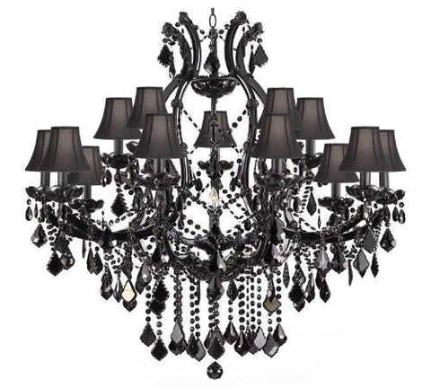 Jet Black Chandelier Crystal Lighting Chandeliers H38" X W37" With Black Shades - A500-Sc/BLACK/21510/15+1