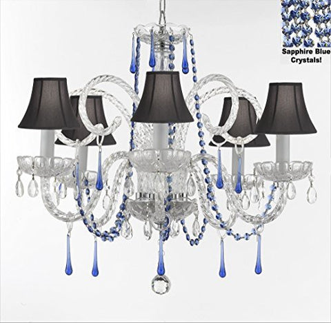 Authentic All Crystal Chandelier Chandeliers Lighting With Sapphire Blue Crystals And Black Shades Perfect For Living Room Dining Room Kitchen Kid'S Bedroom H25" W24" - G46-B82/Blackshades/387/5