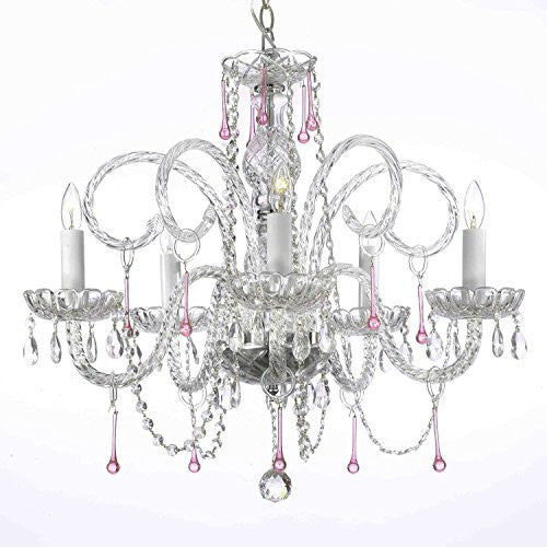 Swarovski Crystal Trimmed Chandelier Pink Crystal Chandelier Lighting H25" X W24" - A46-387/5Pink Sw