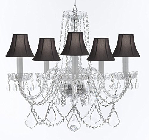 Murano Venetian Style Chandelier Crystal Lights Fixture Pendant Ceiling Lamp for Dining Room, Bedroom, Entryway , Living Room with Large, Luxe, Diamond Cut Crystals! H25" X W24" w/ Black Shades - A46-BLACKSHADES/B94/B89/384/5DC