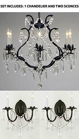 Three Piece Lighting Set - Wrought Iron Crystal Chandelier Lighting H 19" W 20" And 2 Wall Sconces - 1Ea 3530/6 + 2Ea 2/3034/Wallsconce
