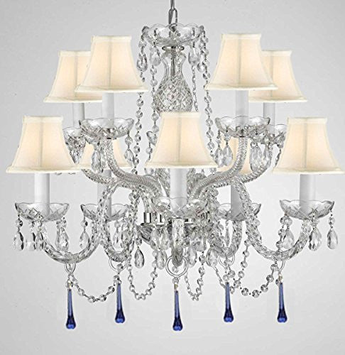 Murano Venetian Style All Crystal Chandelier Lighting W/ Blue Crystals H 25" X W 24" With White Shade - G46-Sc/Whiteshade/B33/1122/5+5