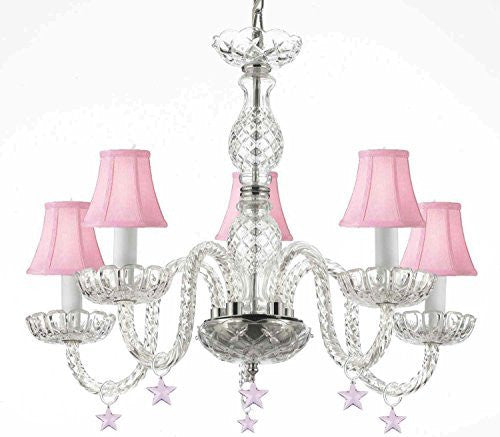 Murano Venetian Style Empress Crystal(Tm) Chandelier Lighting With Pink Stars And Pink Shades H 25" W 24" - G46-Sc/B38/B11/384/5