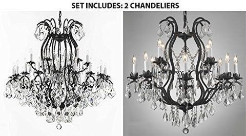 Set Of 2 - Wrought Iron Crystal Chandelier Lighting Empress Crystal (Tm) H46" W46" Perfect For An Entryway Or Foyer And Wrought Iron Crystal Chandelier Lighting Chandeliers H30" X W28" - 1Ea-3034/18+6 + 1Ea-3034/8+4