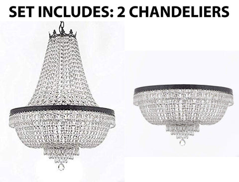 Set of 2-1 French Empire Crystal Chandelier Lighting H30" X W24" w/Dark Antique Finish! and 1 French Empire Crystal Flush Chandelier Lighting H18" X W24" w/Dark Antique Finish! - 1EA CB/870/9 + 1EA FLUSH/CB/870/9 A500-