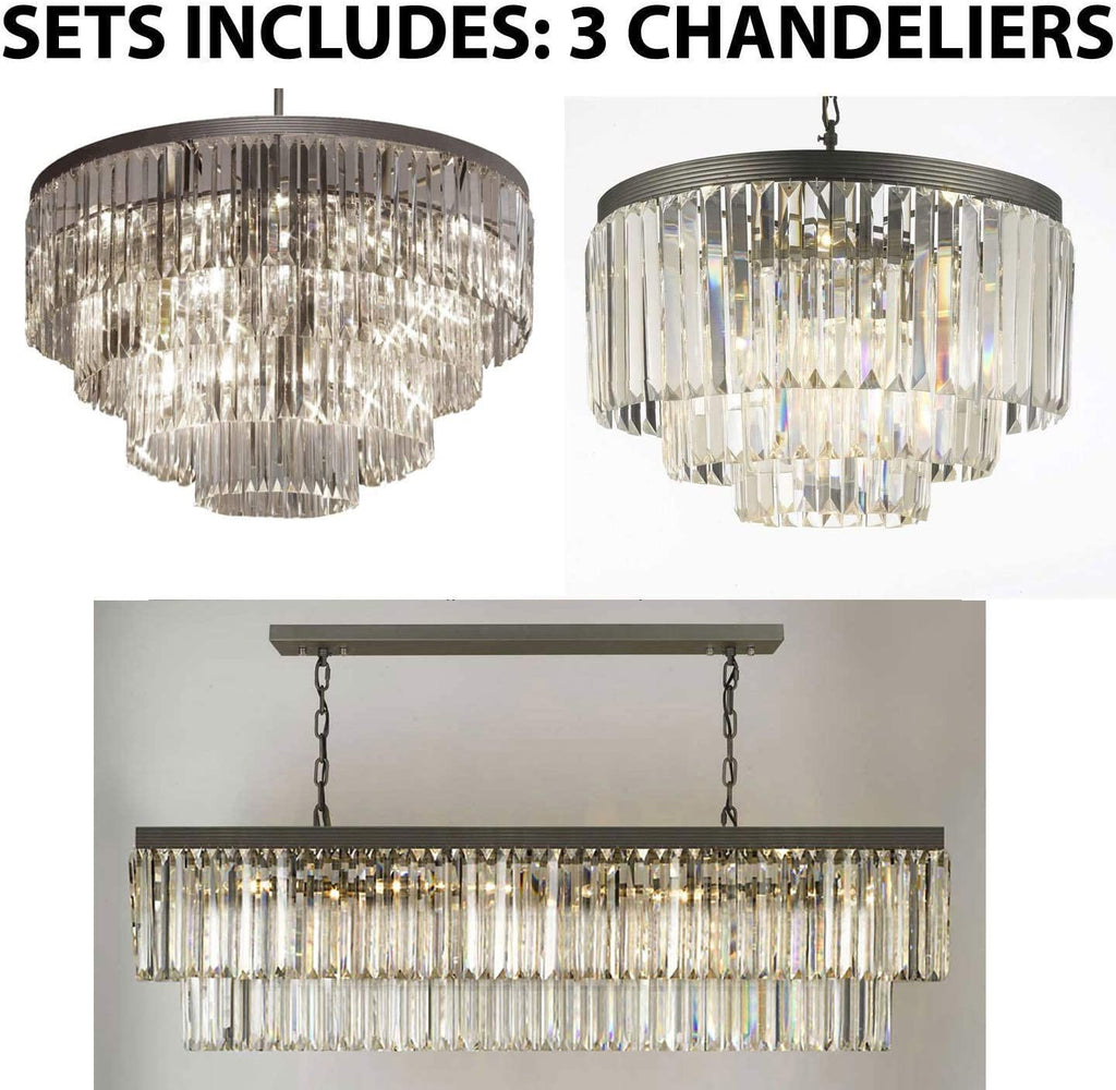 Set of 3 - 1 Palladium Empress Crystal (tm) Glass Fringe Chandelier Lighting & 1 Retro Palladium Glass Fringe Rectangular Chandelier Lighting 47" Wide & 1 Palladium Crystal Glass Fringe 3-tier Chandelier - 1 EA 1157/17 + 1 EA 1157/10 + 1 EA 1100