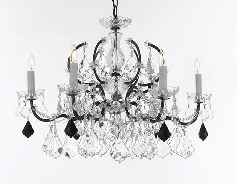 Swarovski Crystal Trimmed Chandelier 19th C. Baroque Iron & Crystal Chandelier Lighting- Dressed with Jet Black Crystals Great for Kitchens, Bathrooms, Closets, and Dining Rooms H 19" x W 26" - G83-B97/994/6SW