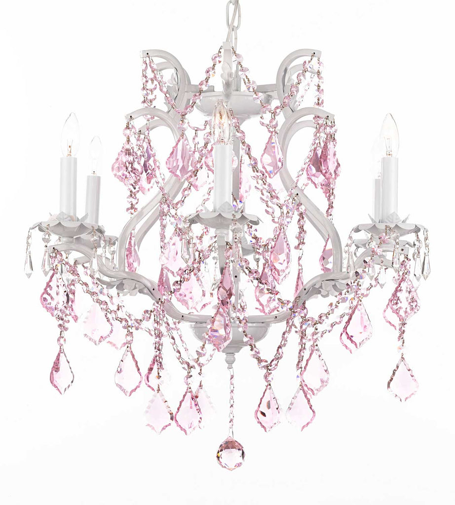 White Wrought Iron Crystal Chandelier Lighting With Pink Crystals H 19" W 20" - A83-Pinkb2/White/3530/6